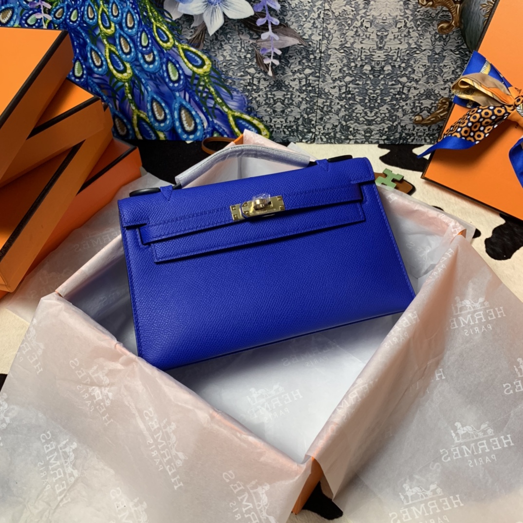 Hermes Mini Kelly Pochette 22cm Bag In Blue Electric Epsom Leather